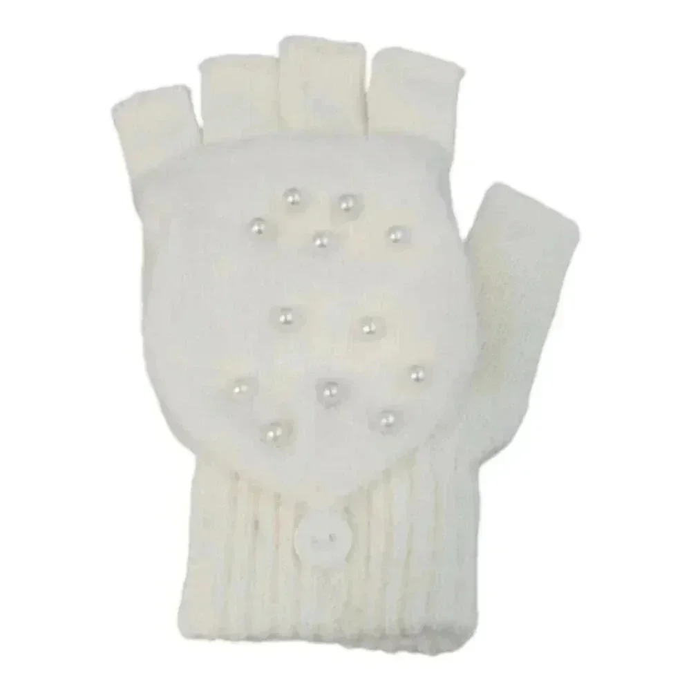 White Knit hat with Super Pom and Faux Pearl Accents Hat and Fingerles Glove set